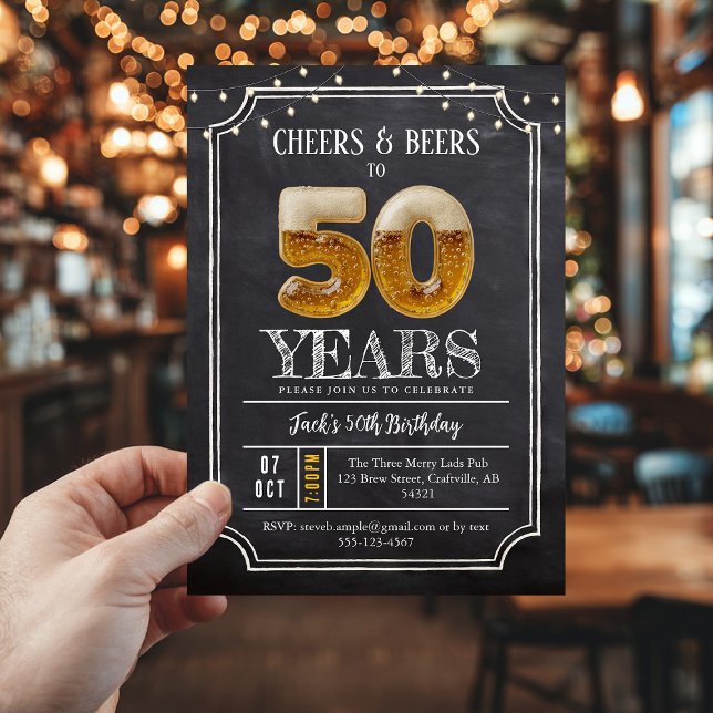 Cheers & Beers Men's 50th Birthday Invitation (50th birthday invite, cheers and beers)