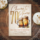 Cheers & Beers Mens Funny 70th Birthday Invitation<br><div class="desc">Celebrate the big 7-0 with style and humour with this vintage beer birthday design. The golden typography is elegant and evokes a cool glass of beer, giving it a classic retro vintage feel. Perfect for man (or woman!) in your life who loves their lagers, ales, and other beers. Perfect for...</div>