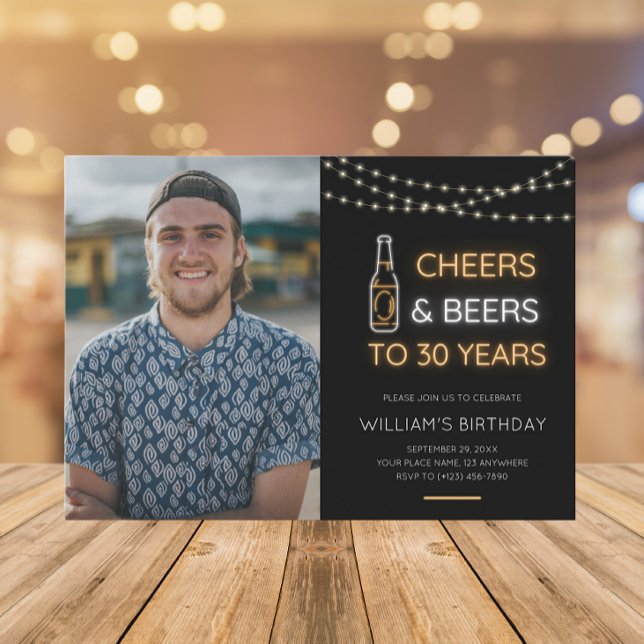 Cheers & Beers Neon Sign 30th Adult Birthday Photo Invitation (Creator Uploaded)
