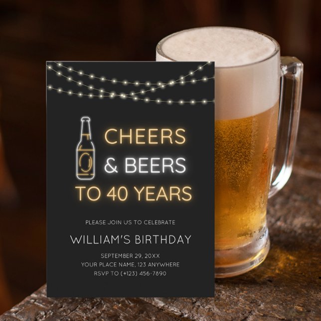Cheers & Beers Neon Sign 40th Adult Birthday Photo Invitation (Creator Uploaded)