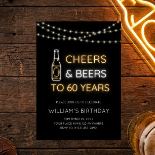 Cheers & Beers Neon Sign 60th Adult Birthday Photo Invitation