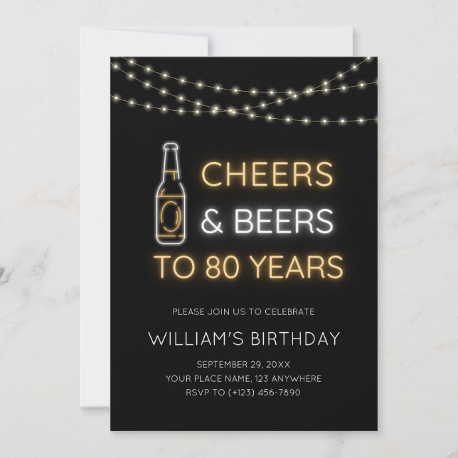 Cheers & Beers Neon Sign 80th Adult Birthday Photo Invitation (Front)