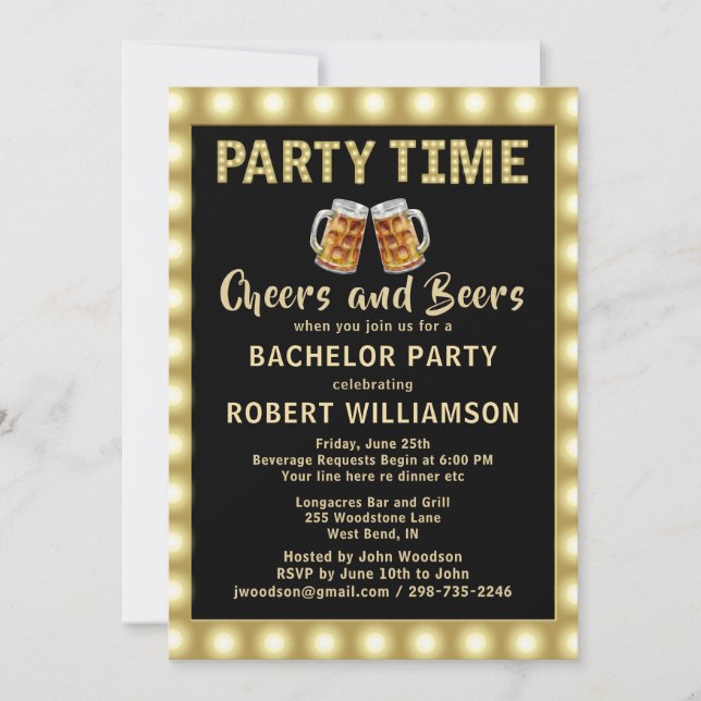 Cheers & Beers Party Time Lights Bachelor Party  Invitation (Front)