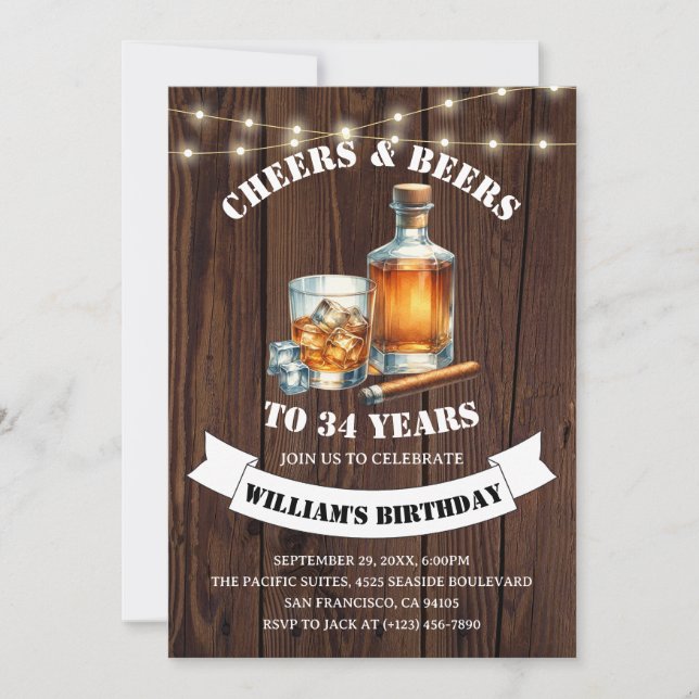 Cheers & Beers Rustic 34th Country Birthday Party Invitation (Front)