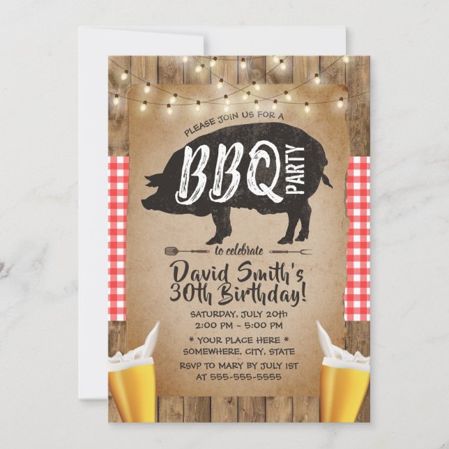 Cheers & Beers Rustic BBQ Birthday Party Invitation (Front)