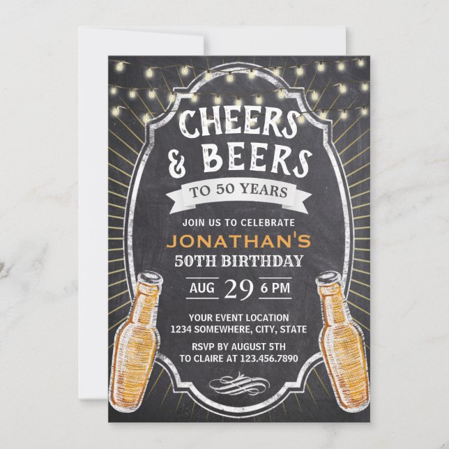 Cheers & Beers Rustic Chalkboard 50th Birthday Invitation (Front)