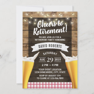 Cheers Beers String Lights Rustic Wood Retirement Invitation