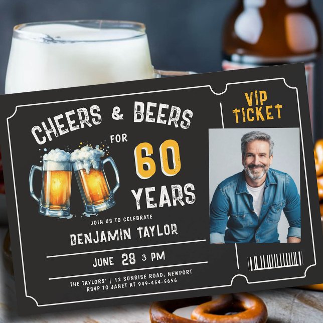 Cheers Beers Ticket Men Black 60th Birthday Photo Invitation (mens 60th birthday beer party invitation ticket photo black white yellow cheers rustic fun classy)