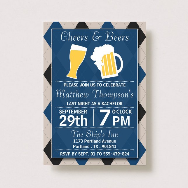 Cheers & Beers Trendy Blue Bachelor Party Invitation (Creator Uploaded)