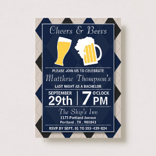 Cheers & Beers Trendy Navy Bachelor Party Invitation