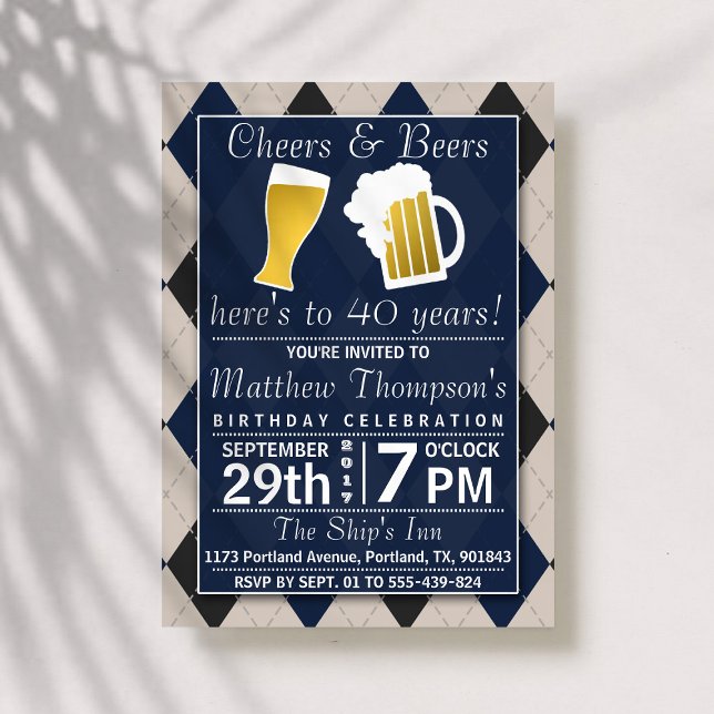 Cheers & Beers Trendy Navy Birthday Party Invitation (Creator Uploaded)