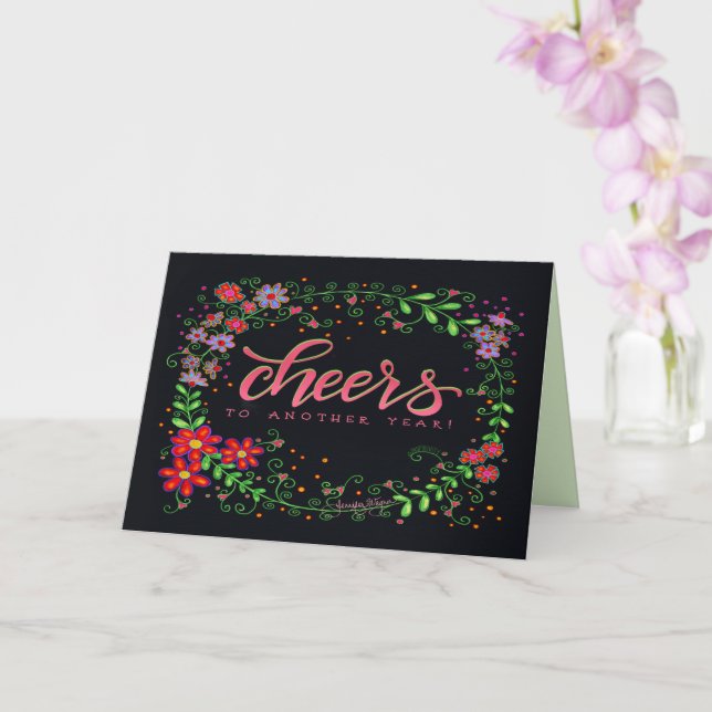 Cheers Birthday Wreath Pretty Floral Happy  Card (Orchid)