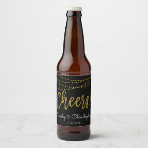 Cheers Black and Gold Foil String Lights Beer Bottle Label