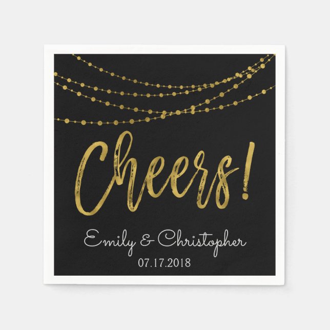 Cheers Black and Gold Foil String Lights Napkin (Front)