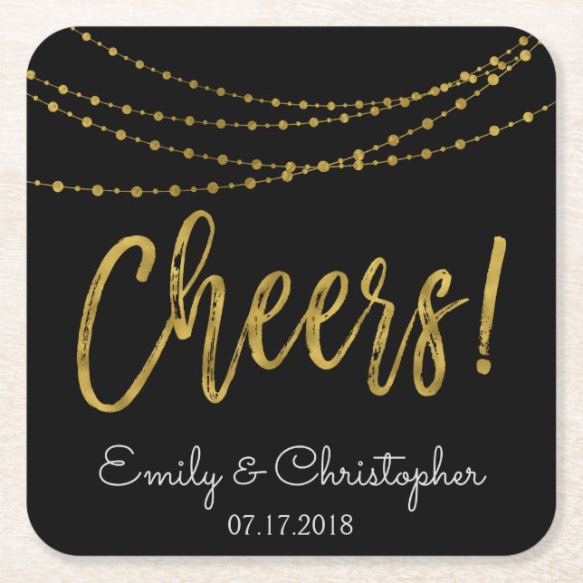 Cheers Black and Gold Foil String Lights Square Paper Coaster (Front)