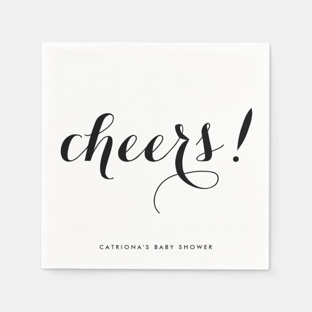 Cheers | Black Modern Calligraphy Paper Napkin (Front)