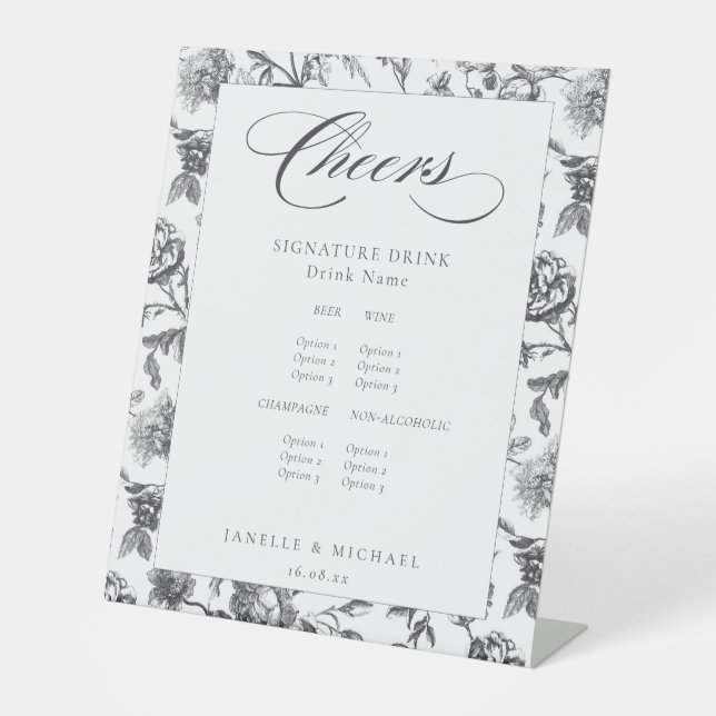 Cheers Black & White Antique Toil Wedding Bar Menu Pedestal Sign (Front)