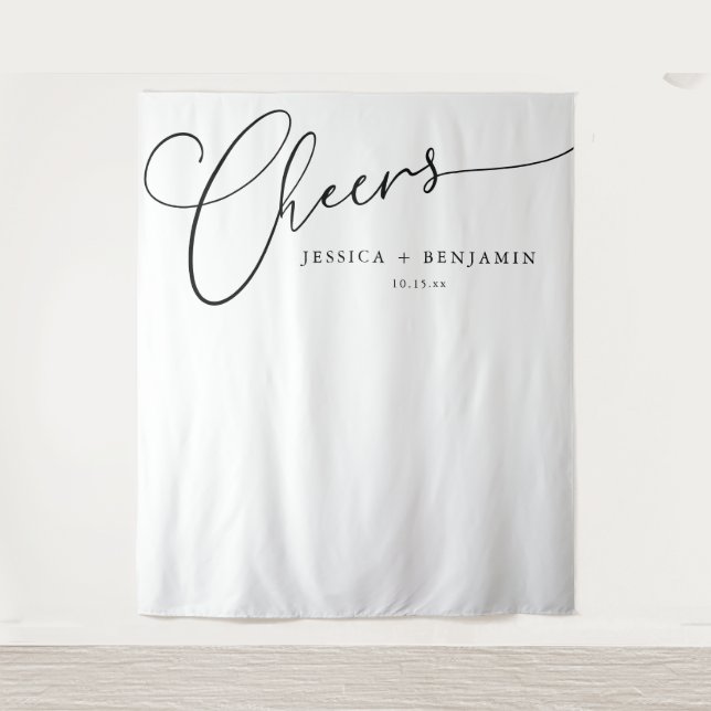 Cheers Black White Script Custom Wedding Backdrop Tapestry (Front)