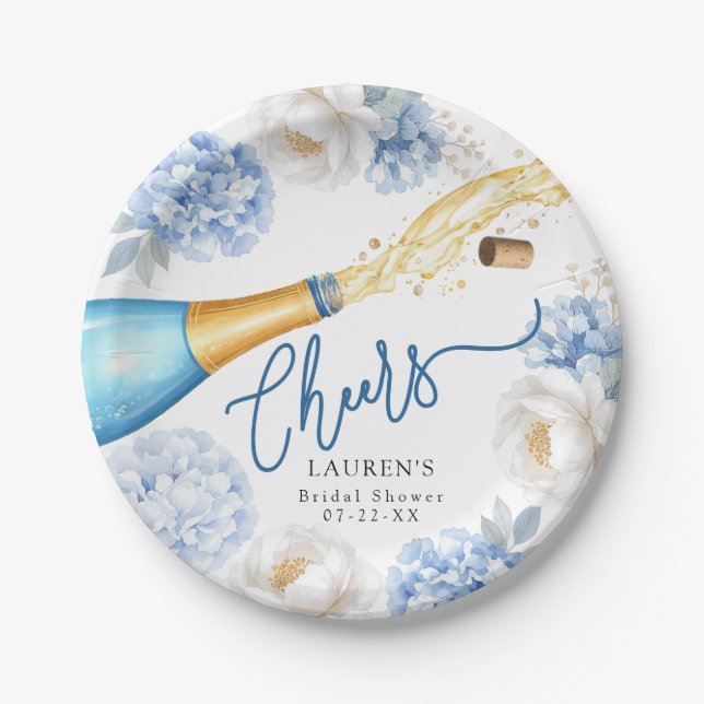 Cheers Blue Champagne Bridal Shower Paper Plate (Front)