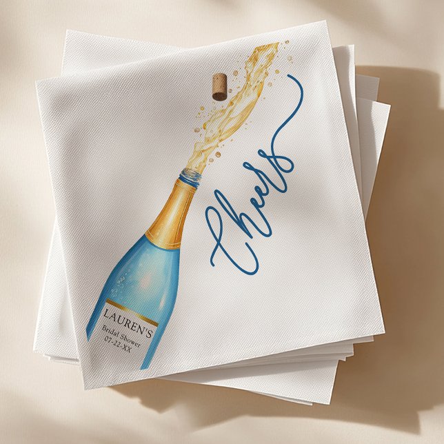 Cheers Blue Champagne Pop Bridal Shower Napkins (Cheers Bridal Shower Napkin Design)