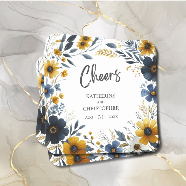 Cheers Blue Yellow Wildflowers Elegant Wedding Square Paper Coaster (Cheers Wildflower Wedding Coast with Blue and Yellow Wildflowers, wedding details.)