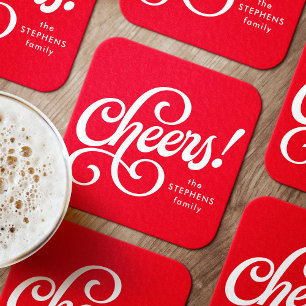 Cheers bold red retro holiday square paper coaster