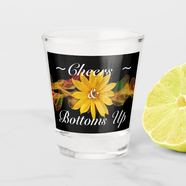 Cheers & Bottoms Up Yellow Sunflower on Black Shot Glass (Front)