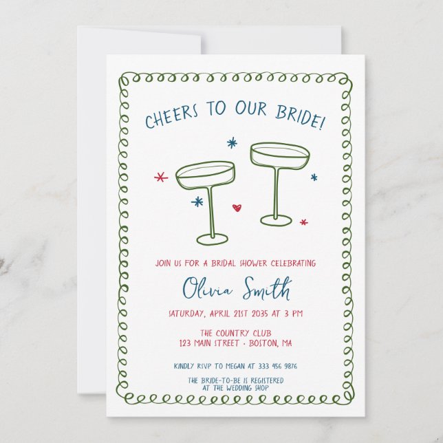 Cheers Bridal shower handwritten Invitation (Front)