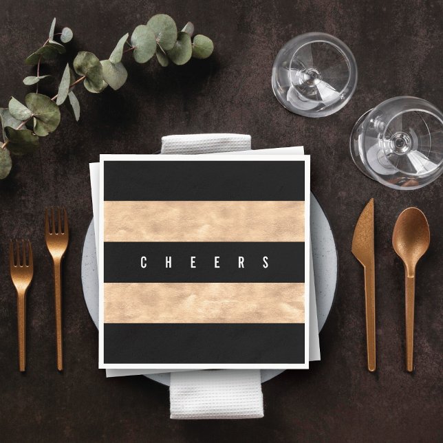 Cheers Bronze Foil Black Stripes Holiday Party Napkin (Cheers Bronze Foil Black Stripes Holiday Party Paper Napkins @ fat_fa_tin)