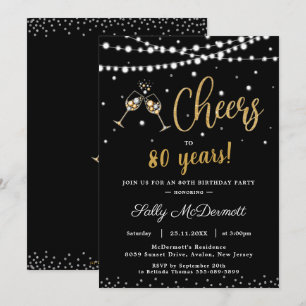 Cheers Bubbly Birthday Party Any Age Black Gold  Invitation