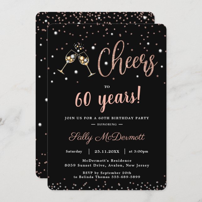 Cheers Bubbly Birthday Party Rose Gold ANY AGE Invitation (Front/Back)