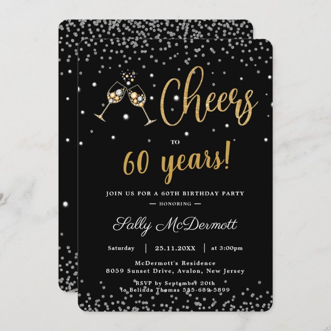 Cheers Bubbly Birthday Party Silver Gold ANY AGE Invitation (Front/Back)