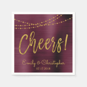 Cheers Burgundy and Gold Foil String Lights Napkin