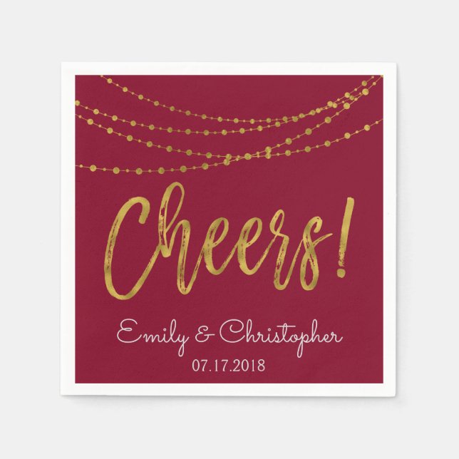 Cheers Burgundy and Gold Foil String Lights Napkin (Front)