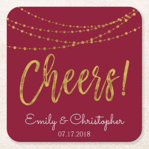 Cheers Burgundy and Gold Foil String Lights Square Paper Coaster