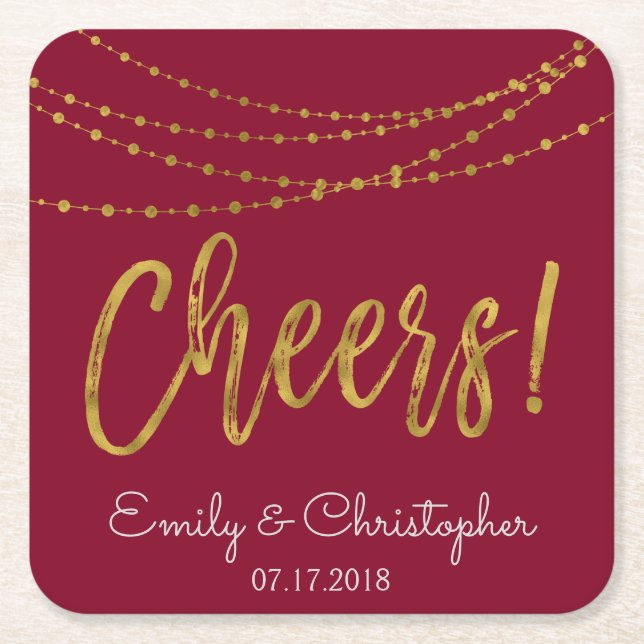 Cheers Burgundy and Gold Foil String Lights Square Paper Coaster (Front)
