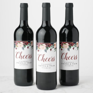CHEERS burgundy & blush floral wedding Wine Label