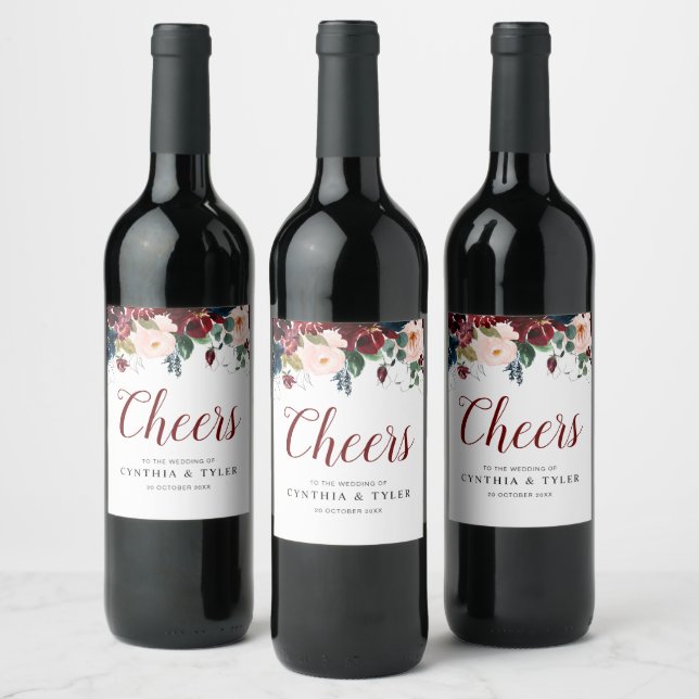 CHEERS | burgundy & blush floral wedding Wine Label (Bottles)