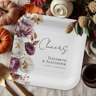 Cheers   Burgundy Floral  Autumn Wedding Paper Plate