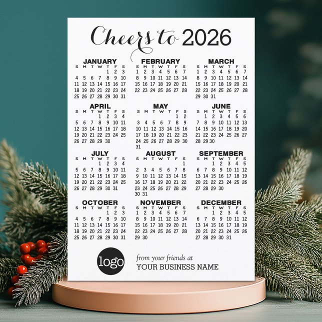 Cheers - Calendar and Logo - Black White Business Holiday Card (2026 Calendar on a Holiday Business Card)