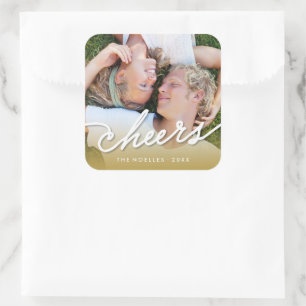 Cheers Calligraphy Script Gold Ombre Photo Holiday Square Sticker