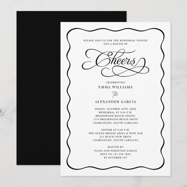 Cheers Calligraphy Wavy Border Rehearsal Dinner Invitation (Front/Back)