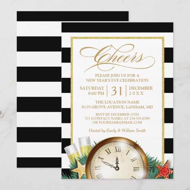 Cheers Champagne Clock Stripes New Years Eve Party Invitation (Front/Back)