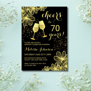 Cheers Champagne Floral Gold Black Birthday Invitation