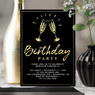 Cheers Champagne Fun Glam Black and Gold Birthday