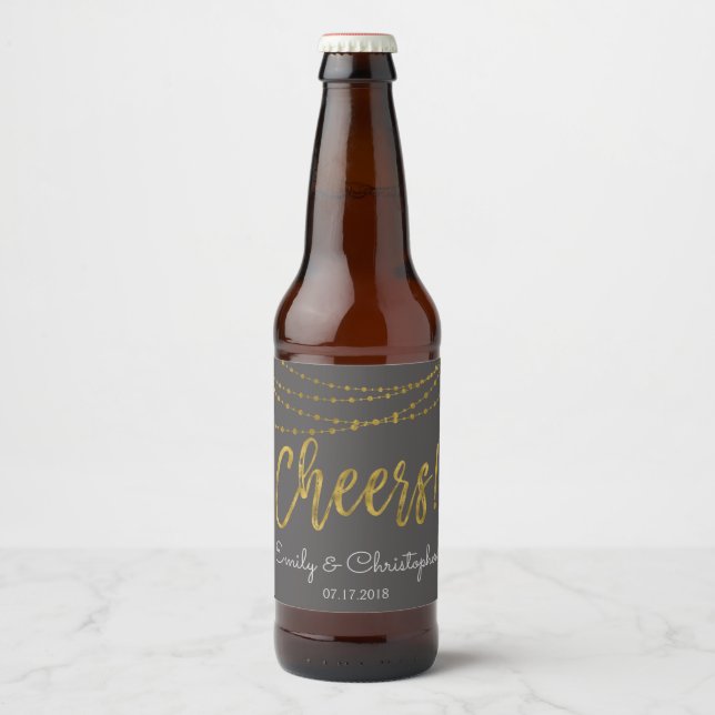 Cheers Charcoal Grey and Gold Foil String Lights Beer Bottle Label (Front)