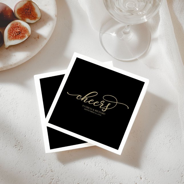 Cheers - Chic Gold Script Black Wedding Napkin (Creator Uploaded)