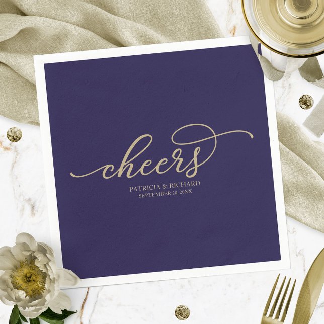 Cheers - Chic Gold Script Navy Blue Wedding  Napkin (Creator Uploaded)