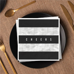 Cheers Chic Silver Foil Black Stripe Holiday Party Napkin