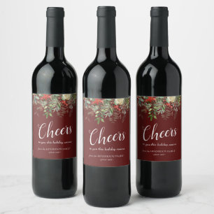 Cheers Christmas Burgundy Floral Wine Label